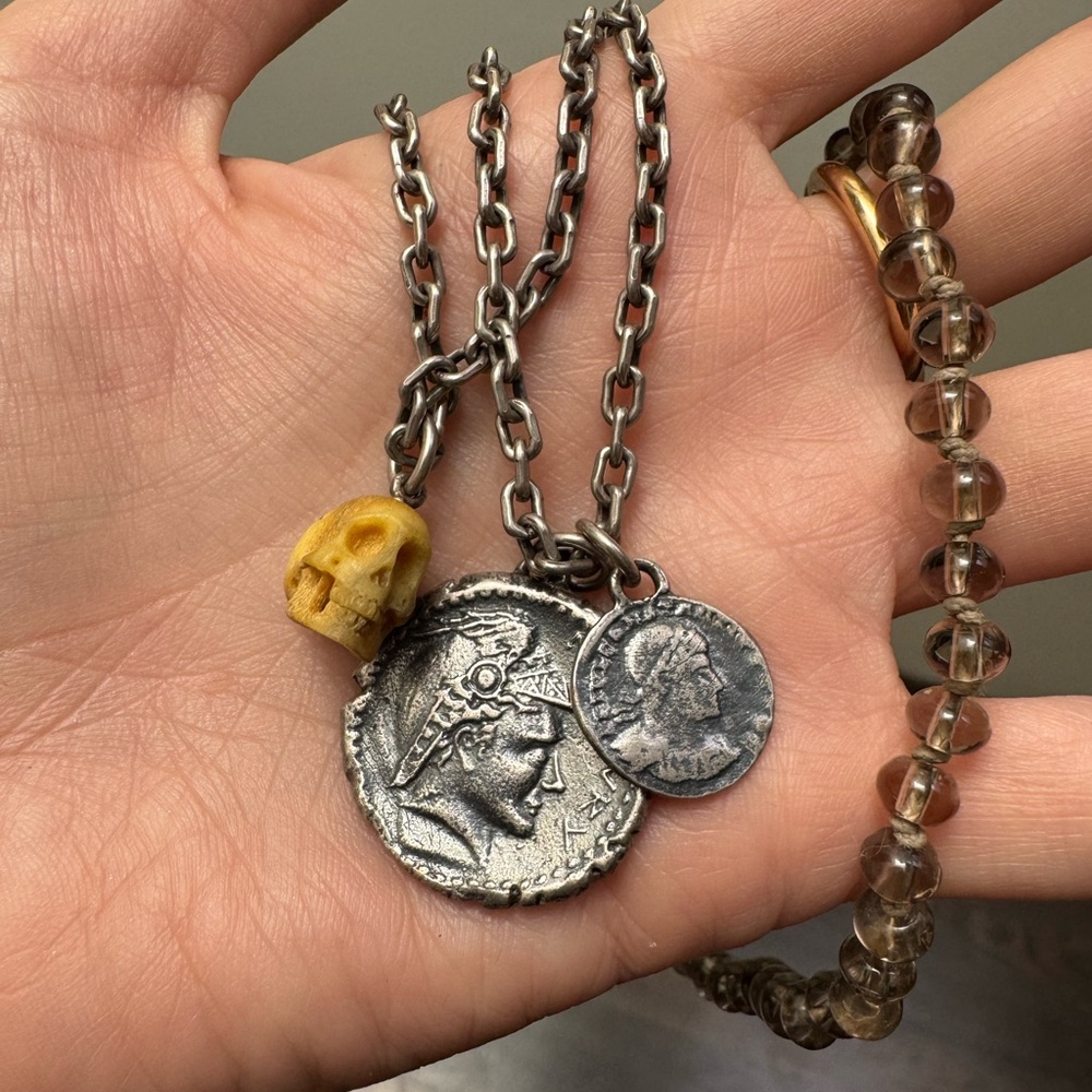M.Cohen Double Coin Pendent Necklace w/ Skull